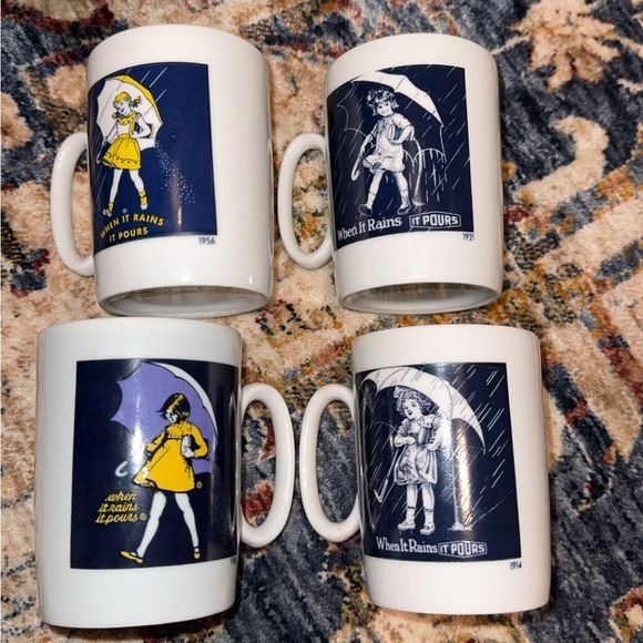 Vintage Morton Salt Girl Coffee Cup Mug When It Rains It Pours Umbrella Set of 4 - Picture 3 of 14